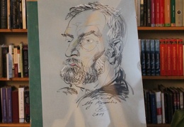 Grafiko Romualdo Čarnos pieštas Algimanto Masiulio portretas. 2001 m.